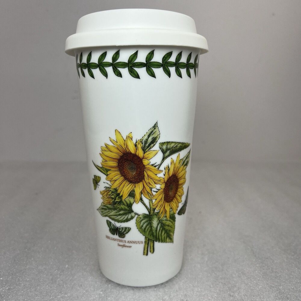 Portmeirion Botanic Garden "Sunflowers" Travel Mug Silicone Lid 7” Tall EUC